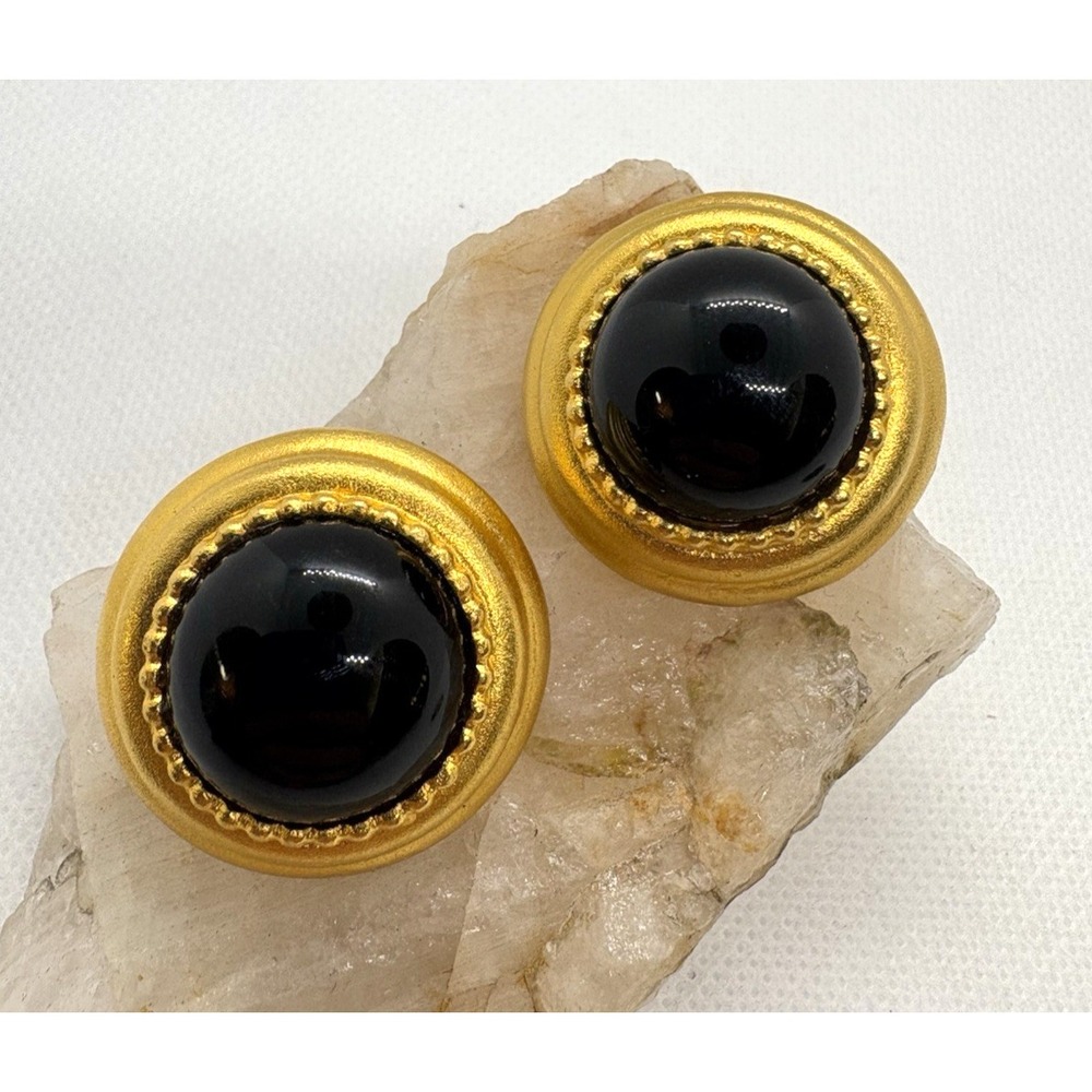 Vintage Maeve Carr New York Clip On Earrings Gold Tone Black Dome Statement 80s